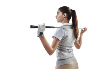 Golf club, sports and back of a female athlete thinking with iron equipment for a game. Hobby, fitness and woman golfer ready for a competition or tournament isolated by a transparent png background.
