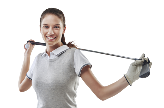 Happy, smile and portrait of female athlete with golf club for sports tournament, game or competition. Fitness, young and confident woman golfer with equipment isolated by transparent png background. - Powered by Adobe
