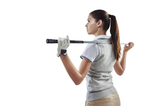 Golf club, sports and back of a female athlete thinking with iron equipment for a game. Hobby, fitness and woman golfer ready for a competition or tournament isolated by a transparent png background.