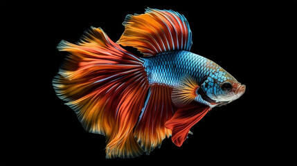 Betta fish. Colorful fighting Siamese fish with beautiful silk tail isolated on black background