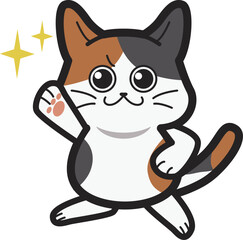 片手を上げる三毛猫のキャラクター　かわいい動物のベクターイラスト素材