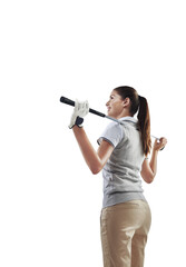 Back, thinking and woman with a smile, golf and sports game isolated on a transparent background....