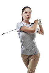 Sport, swing and a woman with golf club for golfing competition, training or game. Professional...