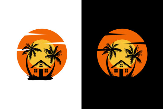 logo design palm with house and sunrise template element stock vector