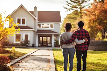 Happy homeowners. Loving couple African American embracing in front of new house. Man and woman standing outside their New Home