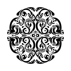 A round shape containing a swirl ornamental motif. Elegant black-and-white design element, gentle regular perfect strokes.
