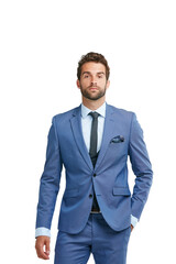 Suit, portrait or businessman with fashion or elegant clothes isolated on transparent png background. Face, handsome rich entrepreneur or confident formal guy in blue classy tuxedo with ambition