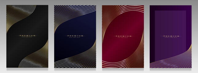 Elegant collection covers. Golden wavy lines on black, blue, red and purple background. Precious brochures, elegant flyers, formal invitations for luxury events.