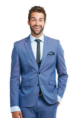 Suit, portrait or excited businessman with fashion or classy clothes isolated on transparent png...