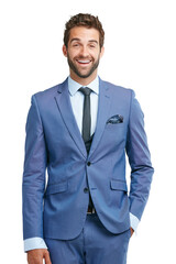 Suit, portrait or excited businessman with fashion or classy clothes isolated on transparent png background. Smile, happy rich entrepreneur or confident person in blue elegant tuxedo with ambition