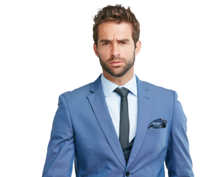 Tax, portrait or angry face of businessman annoyed by debt isolated on transparent png background. Anger, stressed salesman or upset trader frustrated by fraud corruption or financial scam problem