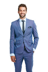 Suit, portrait or happy businessman with fashion or classy clothes isolated on transparent png background. Smile, handsome rich entrepreneur or confident guy in blue elegant tuxedo with ambition