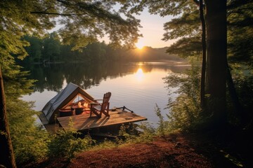 lakeside camping spot with breathtaking views, tranquil waters, and opportunities for fishing, kayaking, and stargazing, providing an idyllic outdoor experience - Generative AI