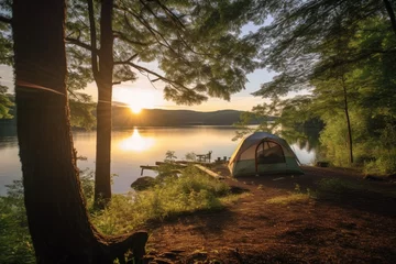  lakeside camping spot with breathtaking views, tranquil waters, and opportunities for fishing, kayaking, and stargazing, providing an idyllic outdoor experience - Generative AI © Hanjin