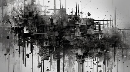 Contemporary abstract geometric art of buildings. Black and white graphic. Town. Generative AI. Illustration for banner, poster, cover, brochure or presentation.