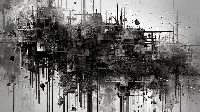 Contemporary abstract geometric art of buildings. Black and white graphic. Town. Generative AI. Illustration for banner, poster, cover, brochure or presentation.