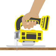 close up Carpenter is sawing a plywood sheet with jigsaw machine. style cartoon Side view. Vector illustration EPS 10.