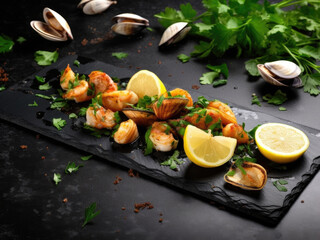 Fototapeta na wymiar Fried mussels with garlic, parsley, lemon and spices on a black stone background