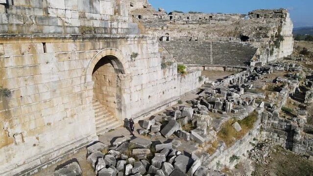 View of historical ruins, columns, ancient theater and temples in the ancient city of Miletus.
