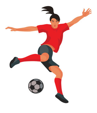 Korean or chinese women's football firl player in red sports uniform jumps up preparing to kick the ball with her foot, vector isolated figure on white background