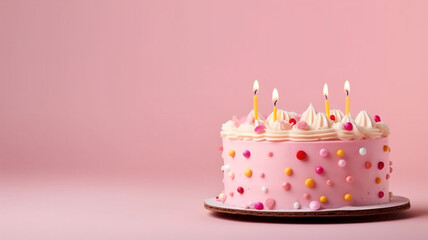 Pink birthday cake with light candle