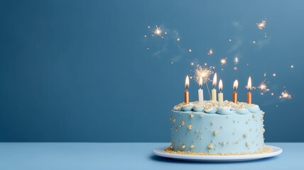 Blue birthday cake on blue background, baby gender reveal with generative ai