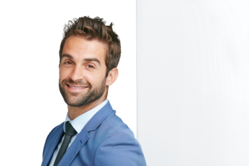 Smile, businessman and face with blank banner or wall for advertising or announcement. Male person portrait with mockup board, billboard or brand logo space isolated on a transparent, png background