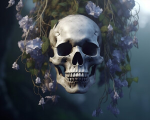 flower growth in skull hang with robe 3d render. Ai generative.