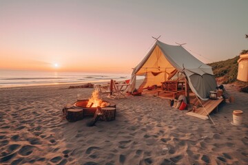 Naklejka premium beachside campsite with soft sand, crashing waves, and fiery sunsets, creating a blissful retreat where one can relax, swim, and enjoy the coastal ambiance - Generative AI