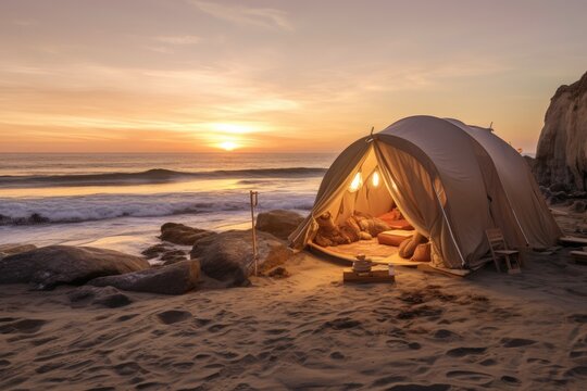beachside campsite with soft sand, crashing waves, and fiery sunsets, creating a blissful retreat where one can relax, swim, and enjoy the coastal ambiance - Generative AI