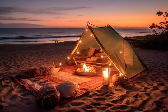 beachside campsite with soft sand, crashing waves, and fiery sunsets, creating a blissful retreat where one can relax, swim, and enjoy the coastal ambiance - Generative AI
