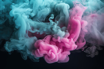 Detailed close-up of pink and mint blue smoke clouds. Colorful smoke steam on a black flat background. Creative vaping wallpaper. Generative AI macro photo imitation.