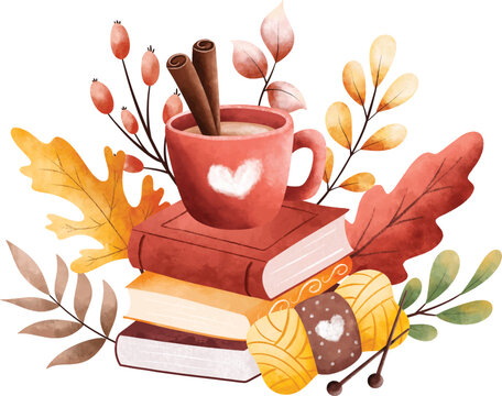Watercolor Illustration books, drink and autumn leaves