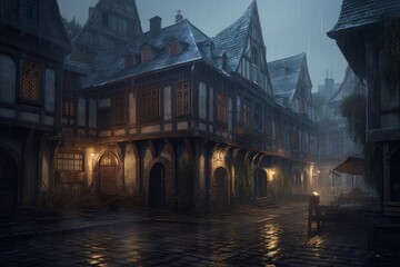 Obraz premium Medieval dark city rain. Generate Ai