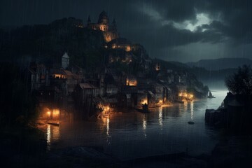 Naklejka premium Medieval island city rain. Generate Ai
