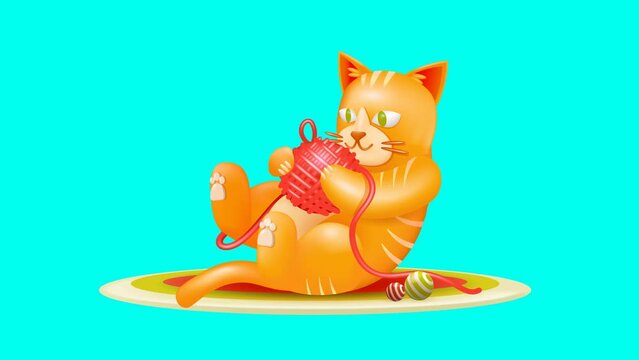 Cute cat cartoon animation 3d. Orange cat playing with red thread spool, with ball element. Suitable for elements and events