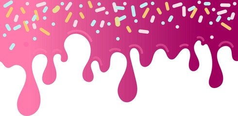 Pink soft ice cream, splashes of sweet candies, long border, seamless banner pattern, vector white background