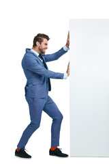 Moving, struggle or businessman pushing wall with power isolated on transparent png background. Worker, suit or entrepreneur walking to move heavy problem, challenge or barrier with physical effort