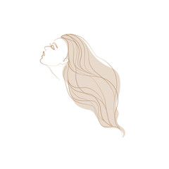 Profile of beautiful girl with long hair one line art. Beautiful woman fashion abstract female portrait, isolated vector illustration. Tattoo, print and logo design for spa or beauty salon.