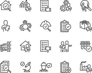 Vector set of inspection line icons. Contains icons verification, inspector, testing, inspection report, quality control, house inspection, examination, qa, checklist and more. Pixel perfect.
