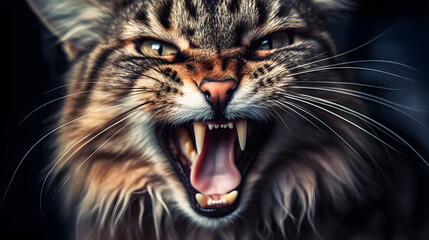 Obraz premium Angry cat face showing its fangs. Generative ai.
