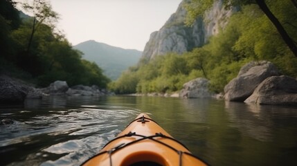 Active leisure, tourism. Yellow kayak near river bank, mountain background. AI generated.
