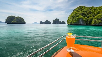 Nose of yacht floats on sea with glass of cocktail, background is island. AI generated.