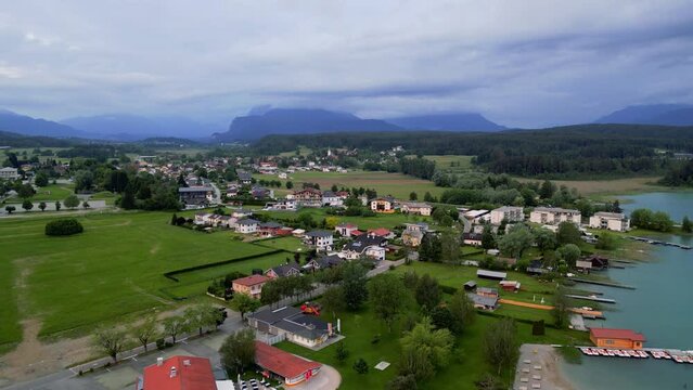 Aerial view over Faak am See with a view of the Dobratsch mountain near Villach in Carinthia