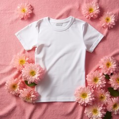 mockup of plain white t shirt for kids pink flower background