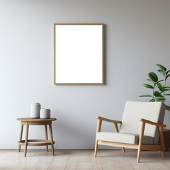 A living room with a chair, table and a picture frame. Generative AI. Poster canvas mockup.