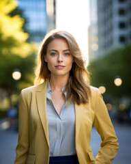 Confident businesswoman in a yellow blazer on a city street