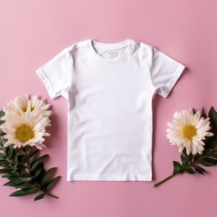 mockup of plain white t shirt for kids pink flower background