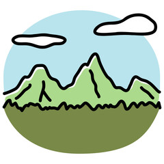 太い線で描かれたカットイラスト / 遠くに見える山並