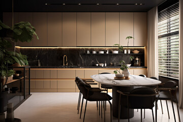 A kitchen with a marble table and chairs. Generative AI.